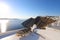 Fira panoramic view. Thira panoramic sea view. Greece Santorini island in Cyclades. Old boat on a terrace with view over Caldera,