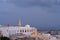 Fira town aerial view, before sunrise, Santorini.