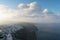 Fira town aerial view at sunrise, Santorini.