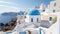 Fira town on Santorini island, Greece. Incredibly romantic sunrise on Santorini. Oia village in the morning light