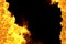 Fire 3D illustration of space glowing wild fire frame isolated on black - top and bottom are empty, fire lines from sides left and