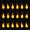 Fire animation. Flaming flame, fiery blaze and animated blazing fire flames isolated vector animations frames