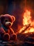 A fire in an apartment, a children\\\'s toy teddy bear in front of a fire. Generation AI