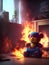 A fire in an apartment, a children\\\'s toy teddy bear in front of a fire. Generation AI