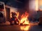 A fire in an apartment, a children\\\'s toy teddy bear in front of a fire. Generation AI