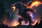 Fire breathes explode from a giant dragon full body in a black night