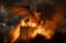 Fire breathing dragon with big wings on a dark over Castle, burning all around with fire. AI generative