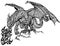 Fire-breathing dragon. Mythological creature. Black and white