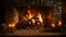 Fire in brick fireplace, firewood burning, wood blazing in cozy lodge, hut or cabin. Romantic weekend on winter holidays