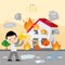 Fire Burn House Home Boy Danger Help Cartoon Character Vector