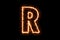 Fire burning forming letter R, capital English alphabet text character isolated on black background. 3d rendering illustration.
