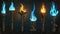 A fire burns on an old torch for a video game. Modern cartoon animation sprite sheet featuring a blue flame on an