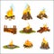 Fire camp. Wooden fireplace bonfire light hiking symbols travel collection natural flame vector cartoon collection