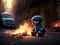 Fire in the city. A child\\\'s toy left on the street during a fire. Fire as a result of military operations. AI generation