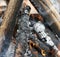 Fire. Closeup of pile of wood burning with flames in the fireplace