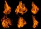 Fire collection set of flame burning isolated on dark background for graphic design