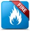 Fire cyan blue square button red ribbon in corner