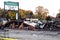 Fire destroyed local farmer`s market. Debris everywhere.