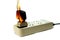 On fire electric wire plug Receptacle and adapter on white background