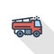 Fire engine thin line flat color icon. Linear vector symbol. Colorful long shadow design.