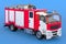 Fire engine truck on blue backdrop, 3D rendering