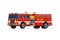 Fire engine truck isometric side front view. Firetruck car with alarm siren, water tank and hose. Firefighter red