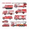 Fire engine vector firefighting emergency vehicle or red firetruck with firehose and ladder illustration set of