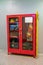 Fire equipment cabinet against grey wall background