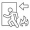 Fire exit thin line icon. Emergency evacuation outline style pictogram on white background. Flame and doorway with human