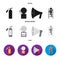 Fire extinguisher, alarm, megaphone, fireman on the stairs. Fire departmentset set collection icons in black, flat