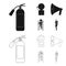 Fire extinguisher, alarm, megaphone, fireman on the stairs. Fire departmentset set collection icons in black,outline