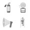 Fire extinguisher, alarm, megaphone, fireman on the stairs. Fire departmentset set collection icons in monochrome style