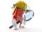Fire extinguisher character looking through magnifying glass