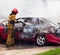 Fire extinguisher extinguishes a burning car from a fire hose, fire and auto