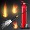 Fire Extinguisher Vector. Burning Fire Flame And Metal Glossiness 3D Realistic Red Fire Extinguisher. Transparent