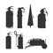 Fire extinguishers and equipment silhouette vector illustration. Cartoon black on white firefighter tools set. Elements
