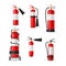 Fire extinguishers red firefighter emergency chemical spray hazard safety set realistic vector