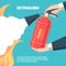 Fire extinguishing illustration. Hands holding autonomous red fire extinguisher foam spills onto fire with bell safety