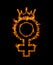Fire female gender sign with queen crown burning in flames, isolated on black background with bright sparkles. Sex rights, girl