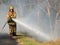 Fire fighter with a hose at a bush fire in an suburban area of Knox City in Melbourne east.