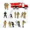 Fire fighting department vector set. Station and firefighters.