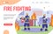 Fire fighting services website page with firefighters flat vector illustration.