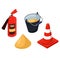 Fire fighting stuff, emergency service concept item bucket sand, extinguisher and sign isolated on white, isometric