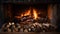 Fire in fireplace, burning wood, flames on logs closeup