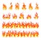 Fire flame. Burning firex seamless border, cartoon style blazing campfire. Fiery effect and different flat blazes