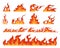 Fire flame. Cartoon bonfire and fiery borders decorative elements. Red and orange blaze, warning signs of flammable