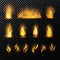 Fire flame fired flaming bonfire in fireplace and flammable campfire illustration fiery or flamy set with wildfire