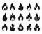 Fire flame icons. Simple burning campfire silhouette symbols, hot chile sauce, bonfire shape. Set of fire and flame