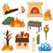 Fire flame vector fired flaming bonfire in fireplace and flammable campfire illustration fiery set of flamy torchlight