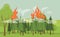 Fire in forest vector flat illustration. Natural disaster, flame of burning forest, cataclysm.